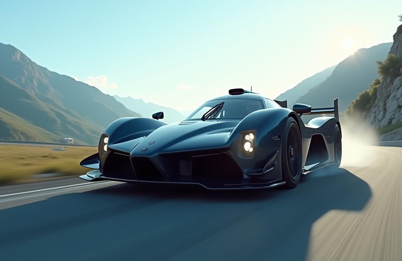 Nahaufnahme eines Hochleistungs-Rennwagens auf einer Rennstrecke in den Alpen